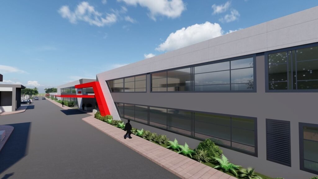 Rendering of the Singer home appliance factory in Narayangonj, with a red entrance canopy and long glazed facade